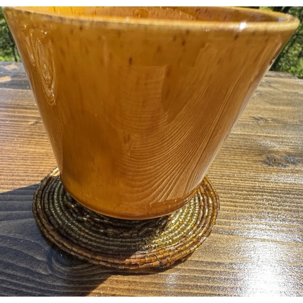 Vintage‎ Glass Beaded Coaster Set 9 Round Amber Gold Handmade Boho Bar Decor